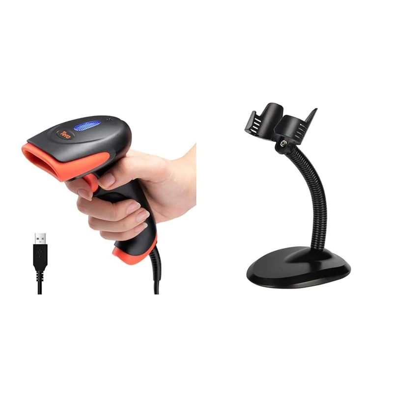 Tera Barcode Scanner CCD USB Wired 1D Handheld Bar Code Reader, Read Screen Digital & Barcode Scanner Stand Universal, Hands Free Barcode Scanning Bar-Code Reader Cradle Holder, Angle and Height