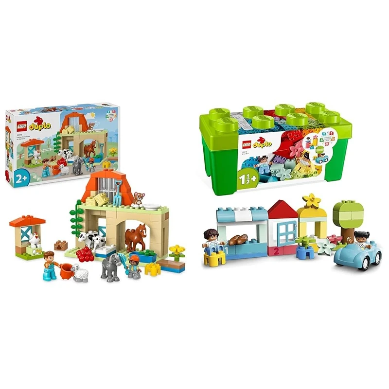 LEGO DUPLO Town Caring for Animals at the Farm Toys for Toddlers, Farmhouse & 10913 DUPLO Classic Brick Box Building Set with Storage, Toy Car, Number Bricks and More, Learning Toys