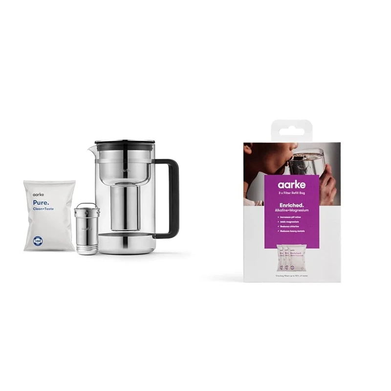 Aarke Purifier Large, Water Filter Jug in Glass and Stainless Steel, 2.8L & 3-Pack Enriched Filter Refill Bags – Increases The pH Value, Adds Magnesium, Reduces Unwanted Tastes and Heavy Met
