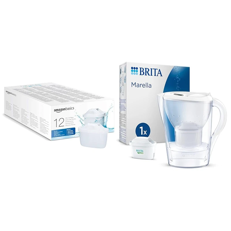Amazon Basics Water Filter Cartridges, 12 Pack, fits and Compatible & BRITA Marella Water Filter Jug White (2.4L) incl. 1x MAXTRA PRO All-in-1 Cartridge - Fridge-Fitting jug