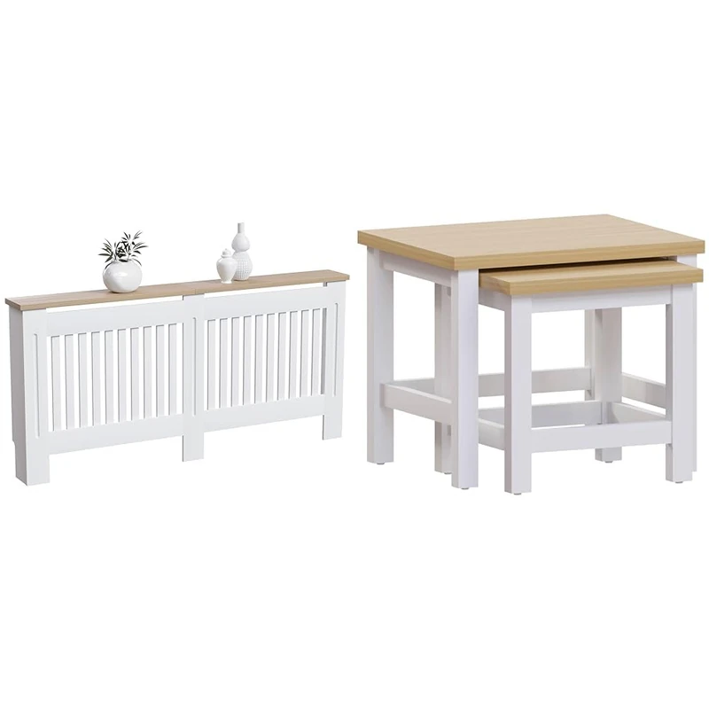 Vida Designs Arlington Radiator Cover White Modern Painted MDF Cabinet, Slats, Grill & Arlington Nest of 2 Tables Side End Modern Table Set MDF Square Furniture (White)