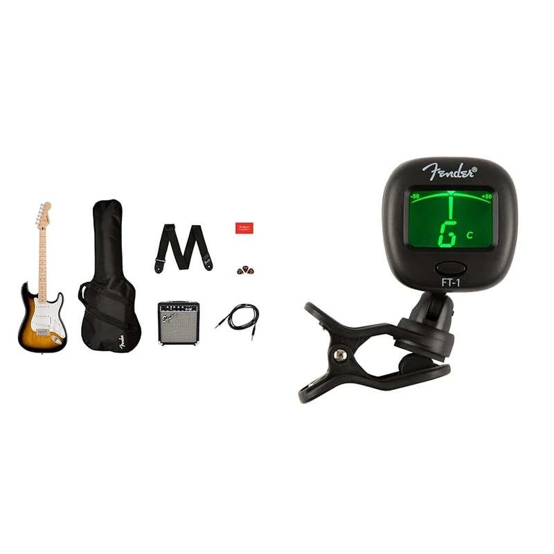 Squier by Fender Sonic Stratocaster Electric Guitar Pack, Maple Fingerboard& FT-1 Pro Clip-On Tuner, For Electric, Acoustic & Bass Guitars & Ukuleles, Black