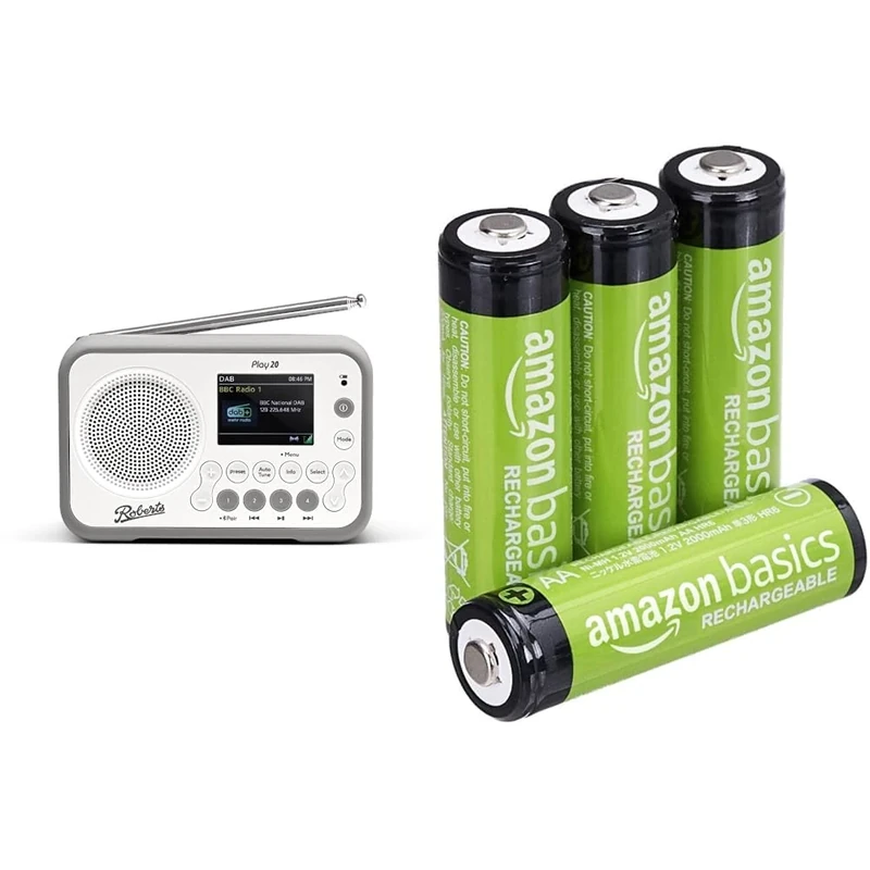 Roberts PLAY20 Compact and Portable DAB/DAB+/FM Digital Radio, Rubber-Protected & Amazon Basics AA Rechargeable Batteries, Pre-charged, NiMh - Pack of 4 (Appearance may vary)