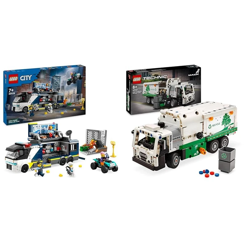 LEGO City Police Mobile Crime Lab Truck Toy for 7 Plus Year Old Boys, Girls & Kids & Technic Mack LR Electric Garbage Truck Toy for Boys & Girls aged 8 Plus Years Old, Recycling Bin Lorry