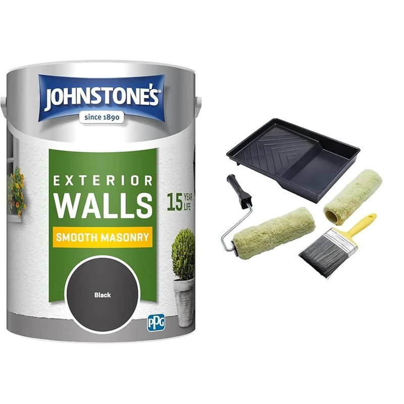 Johnstone's, Exterior Smooth Masonry Paint, Black, Up to 15 Years Protection & ProDec PRRT028 5 piece Twin Masonry Paint Roller, Frame, 4" Brush and Tray Set, Heavy Duty Paint Roller Set