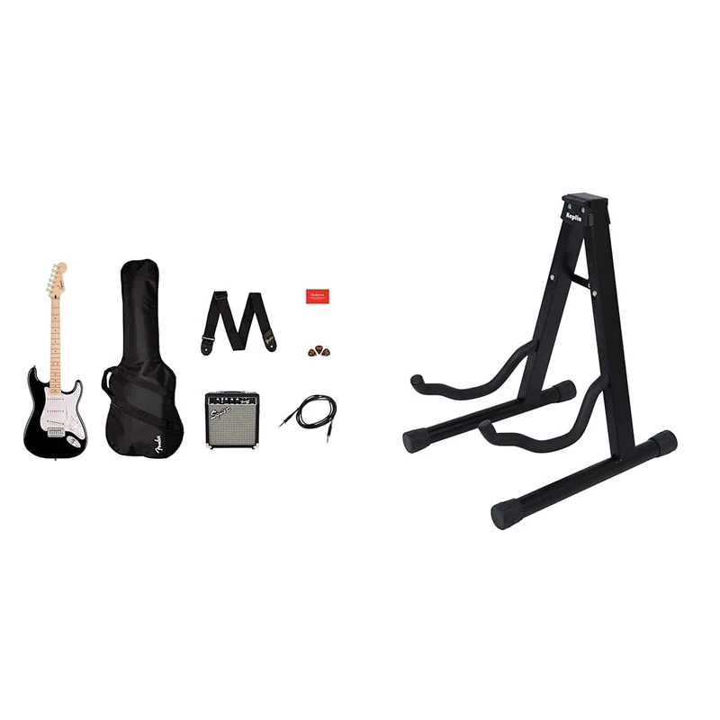 Squier by Fender Sonic Stratocaster Electric Guitar Pack, Maple Fingerboard in Black & KEPLIN Guitar Stand A Frame Foldable Universal Fits All Guitars Acoustic Electric Bass Stand A (Guitar Stand)