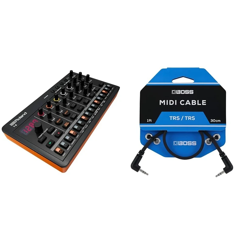 ROLAND AIRA Compact T-8 BEAT MACHINE | Ultra-Portable Rhythm and Bass Machine & BOSS BCC-1-3535 – 1ft / 30cm – Space-saving 3.5mm TRS MIDI Cable – provides premium connectivity pedals