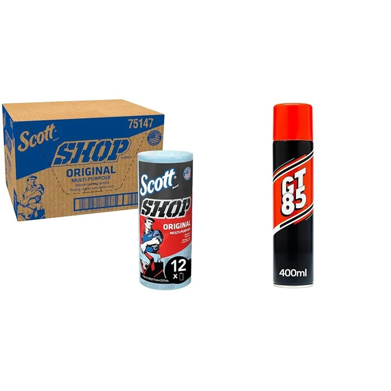 Scott Shop Towels Original 75147 - Heavy Duty Blue Towels - 12 Packs of 1 Blue Roll & GT85 Spray 400ml: Lubricates, Cleans & Protects Metal/Composite, Rust Defense, Stuck Parts Ease, Shine Restore
