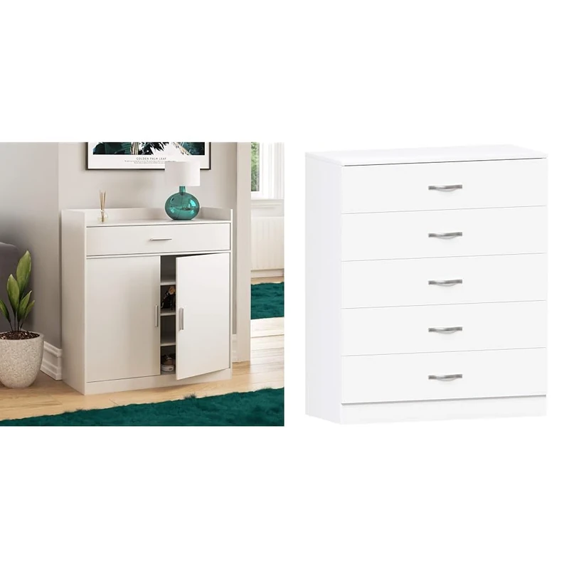 Vida Designs Dalby Modern Shoe Cabinet, 2 Door 1 Drawer, Hallway Cupboard Storage & White Chest of Drawers, 5 Drawer With Metal Handles and Runners, Unique Anti-Bowing Drawer Support