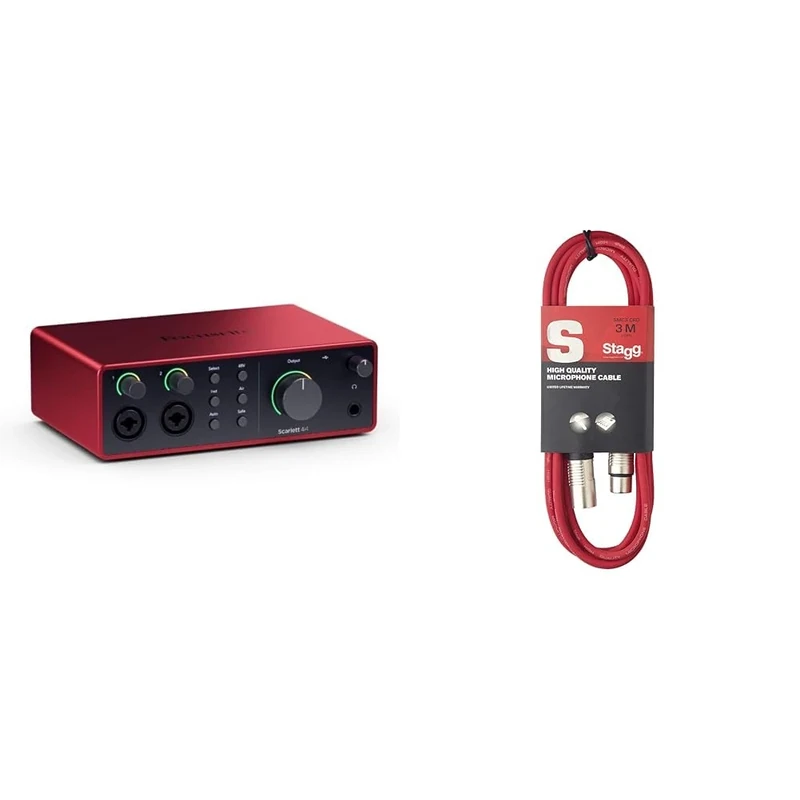 Focusrite Scarlett 4i4 4th Gen USB Audio Interface, for Musicians, Songwriters & Stagg SMC3 CRD 3 m XLR to XLR Microphone Cable - Red