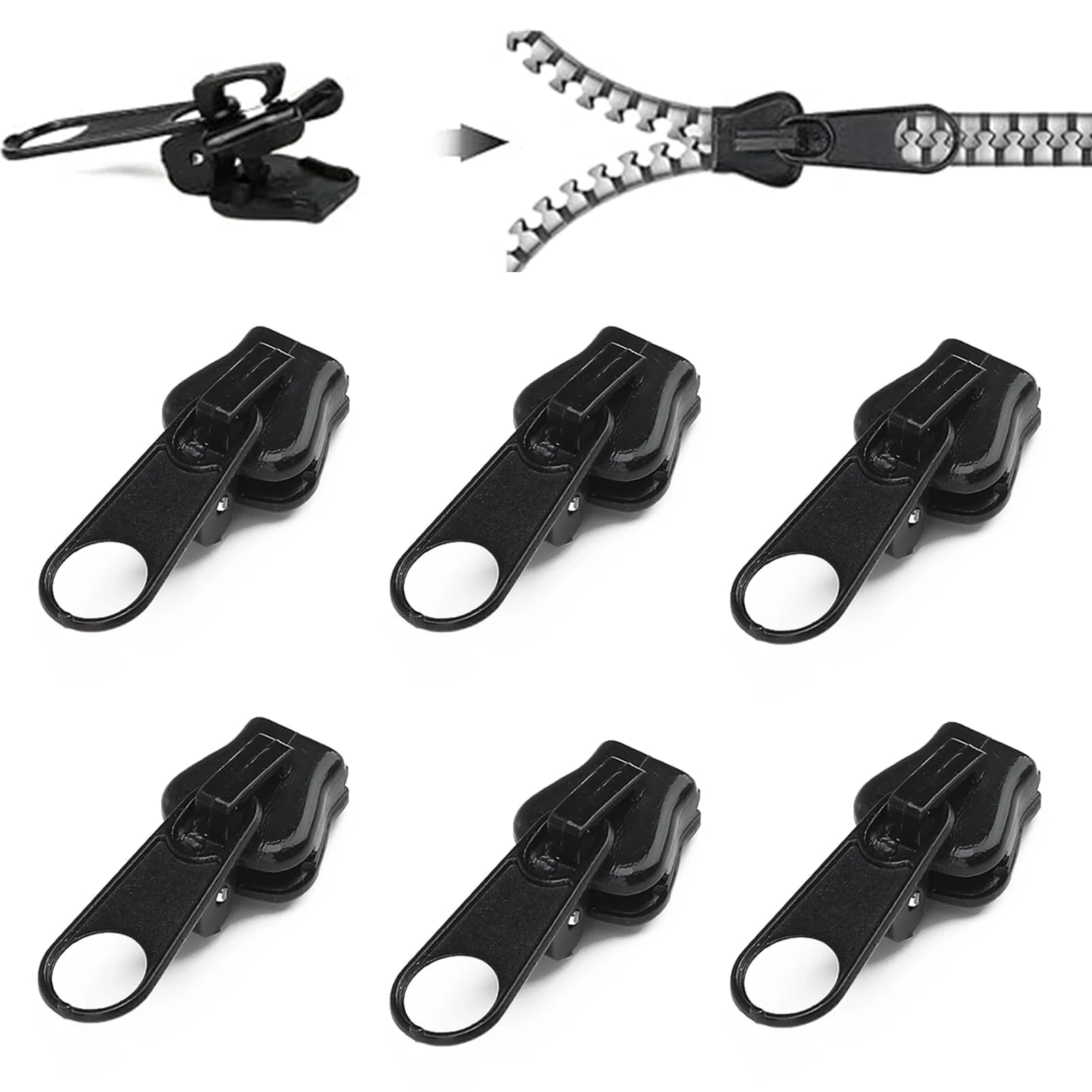 6PCS Zipper Repair Kit Zip Puller Replacement Set 3 Sizes Instant Zippers Rescue Fix for #3#5#8 Zipper Luggage, Backpacks, Jackets, Jeans, Extension & Fixing Black No Tools Needed Multipack