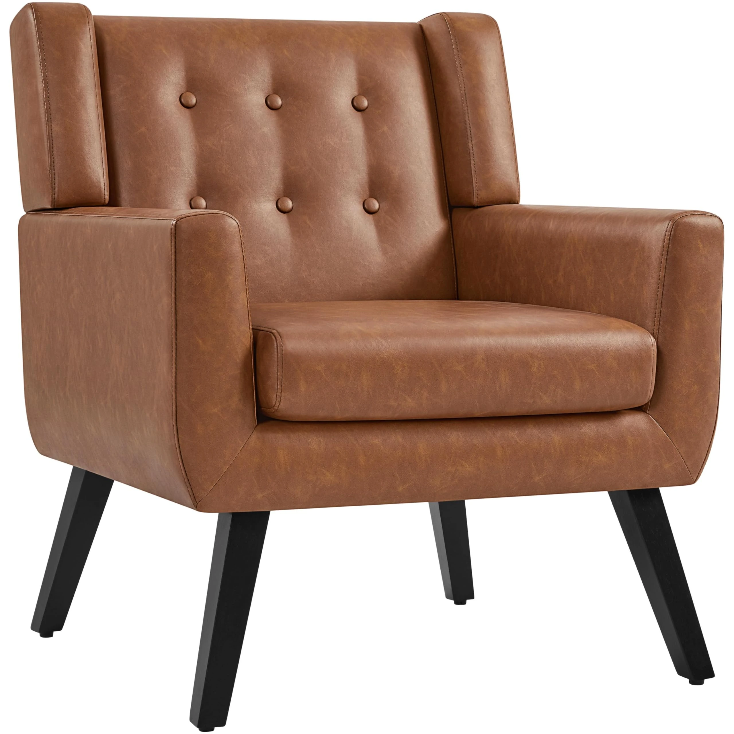 Yaheetech Tub Chair, Button Tufted Armchair with Thick Seat Cushion, PU Leather Accent Chair with Sturdy Legs for Living Room, Bedroom, Reading Nook, Retro Brown