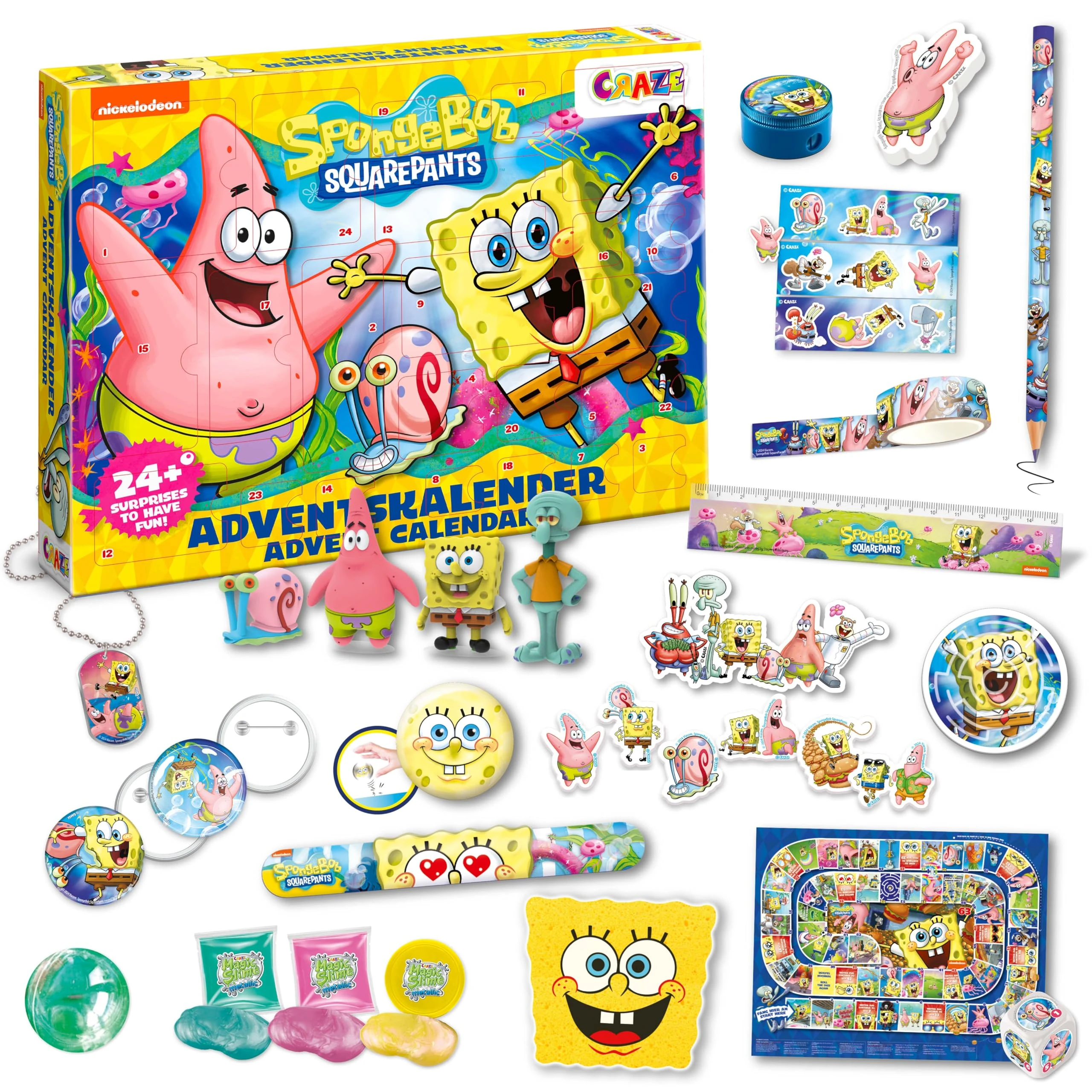 CRAZE SpongeBob SquarePants Kids Advent Calendar 2025 – 24 Surprises with Figures, Games, Stationery, Stickers & Fidget Toys – Christmas Countdown Calendar Gift Idea for Kids