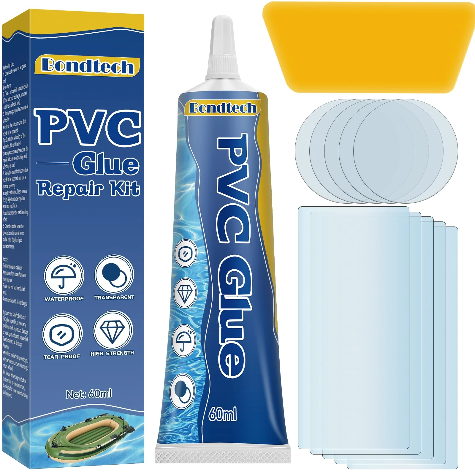 Paddling Pool Repair Kit Waterproof, Hot Tub Repair Kit, Transparent Pool Patch Repair Kit for Hot Tubs, Inflatable Spas, Air Bed, Bouncy Castle & Inflatables, Tent, PVC Glue (60 ml)