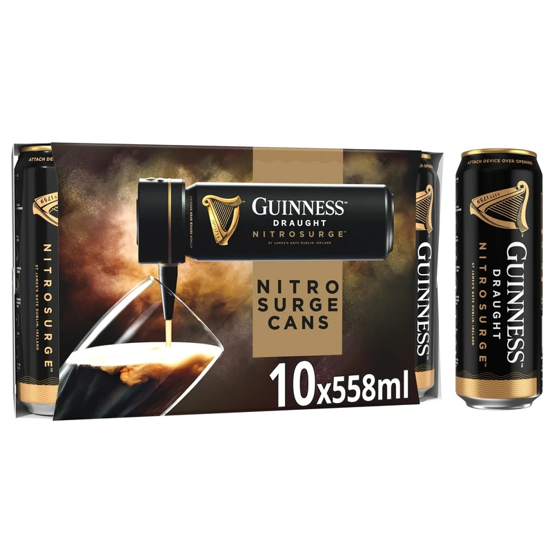 Guinness Draught Nitrosurge │ Stout Beer │ 4.1% vol │ 10x558ml │ Perfect Pub Pour at Home │ Cans │ Device Sold Separately │ Ideal for Festive Gatherings