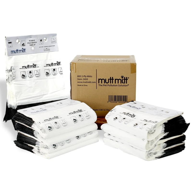 Mutt Mitt® 2-Ply Dog Waste Bags with Thick 2 Mil Mitten - 800 Dog Waste Bags on 8 Station Headers - No more "yuck" or "warm handshake"