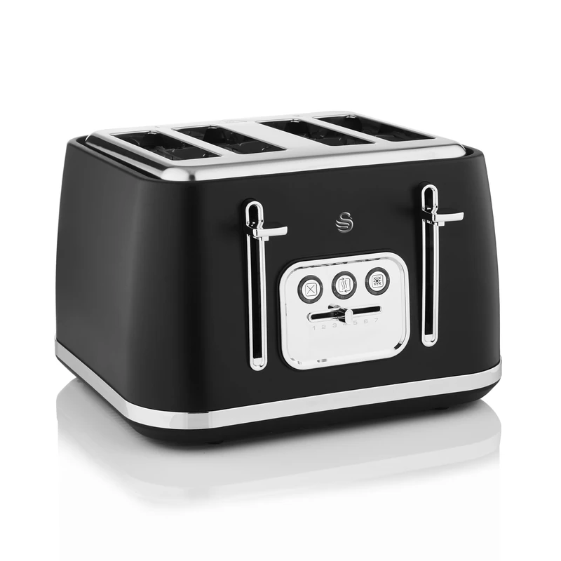 Swan Serenity ST19024BLK 4 Slice Toaster with Matt Finish, 6 Browning Levels, Temperature Control, Reheat and Defrost Functions, 2100W, Black