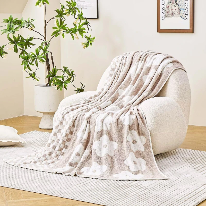 XIBLC Checkered Throw Blanket, Beige Super Soft Knit Breathable Throw Blanket, Cozy Fluffy Reversible Checkerboard Flower Fuzzy Blanket for Couch Sofa Bed Living Room Decor 60 x 80 Inch