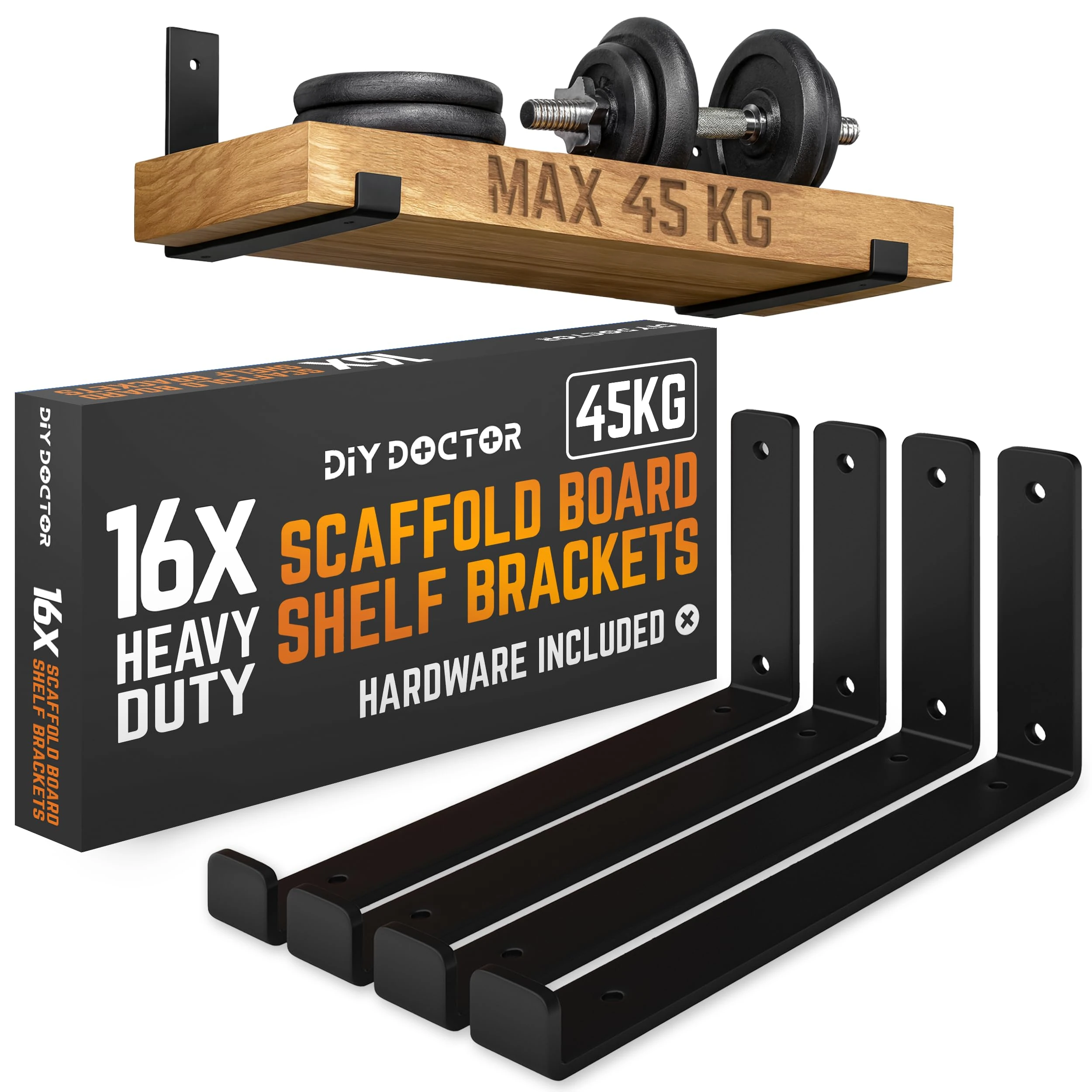 DIY Doctor Heavy-Duty Scaffold Board Shelf Brackets, Set of 16, 23.5cm, Black Industrial & Rustic Metal Shelf Supports, Wall-Mounted Storage & Home Décor