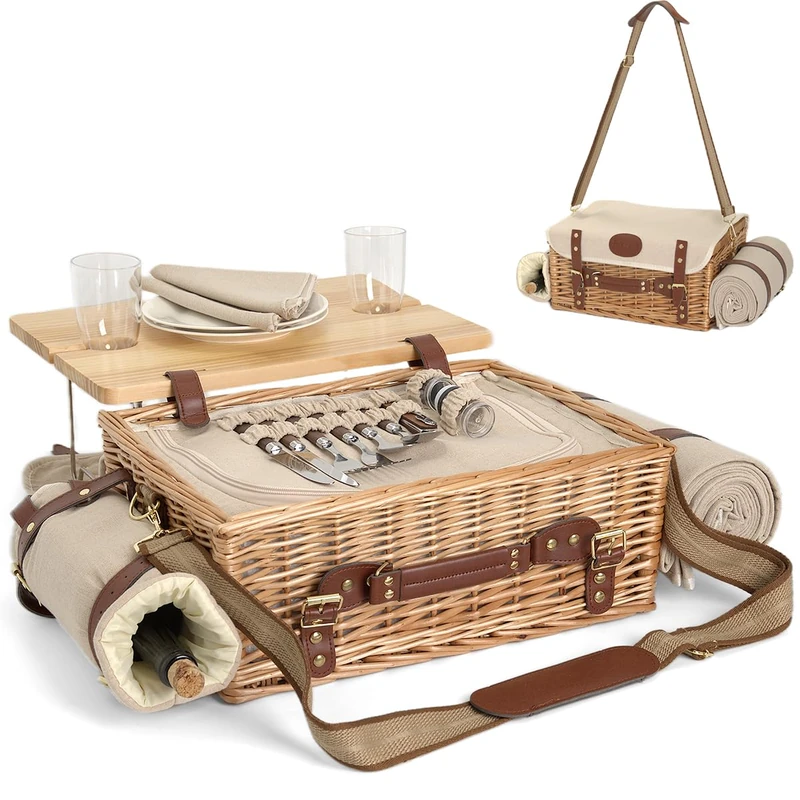 Multifunctional Wicker Picnic Basket Set for 2 with Blanket and Picnic Table, Insulated Picnic Set with Full Tablewares for Camping Outdoor Couples,Natural