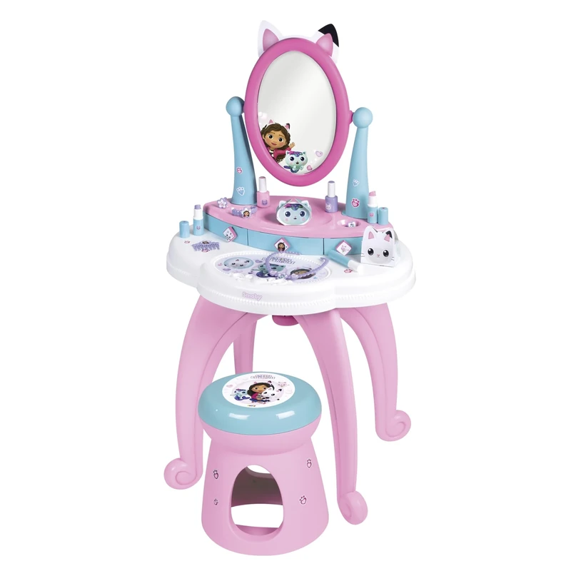 Smoby Gabby's Dollhouse 2 in 1 Dressing Table and Stool -12 Accessories Included - Adjustable Mirror - For Kids