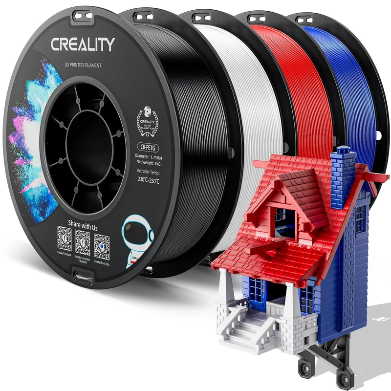 Creality PETG Filament 1.75mm, 3D Printer Filament 4KG(8.8lbs), 3D Printing Filament High Precision, Strong Toughness, Odorless, Better Flow, Dimensional Accuracy +/- 0.02 mm, Black+White+Red+Blue
