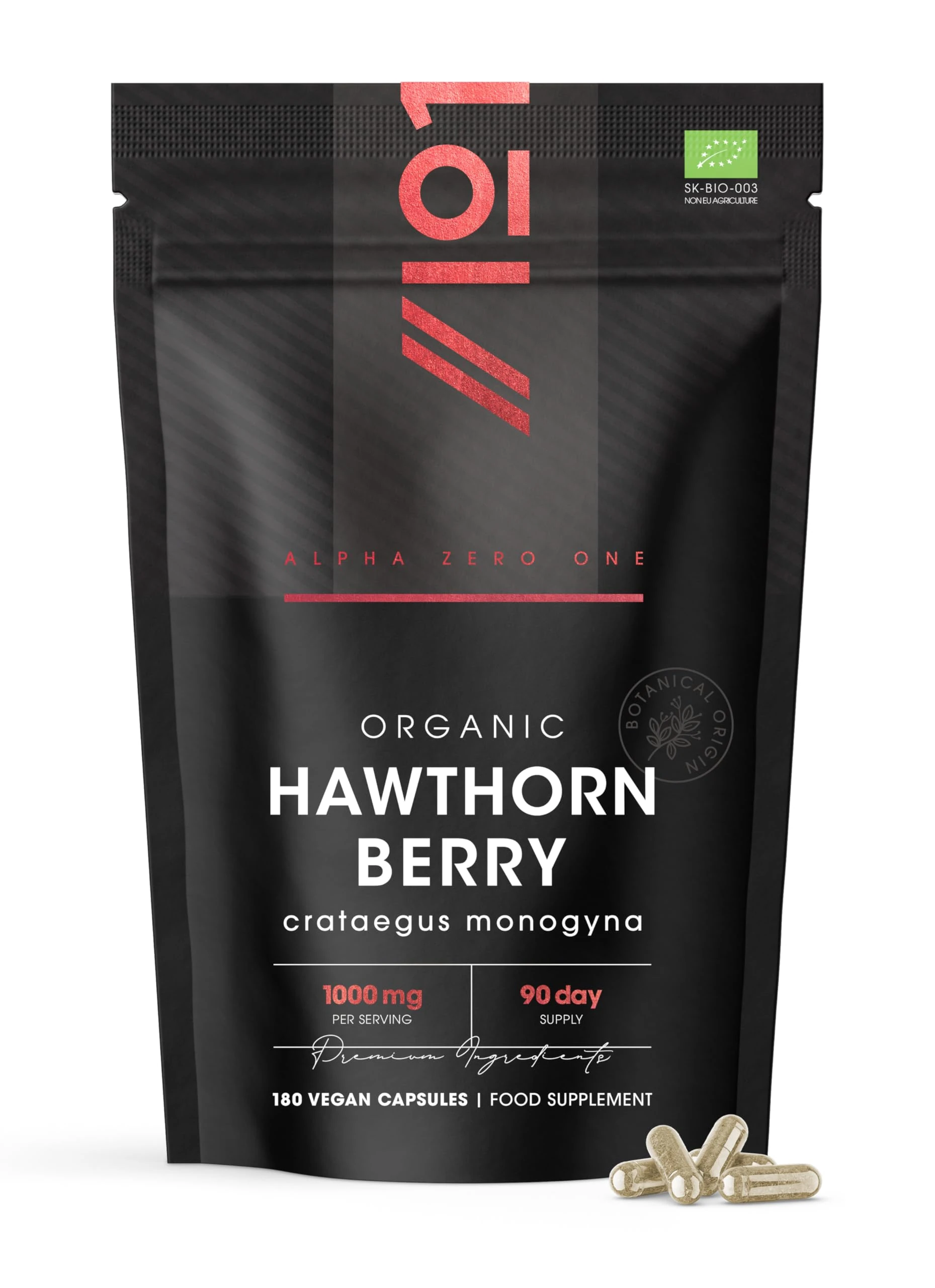 Organic Hawthorn Berry 1000mg – 180 Vegan Capsules – High Strength Crataegus Monogyna Supplement – Clean & Potent Formula – Resealable and Recyclable Pouch by Alpha01