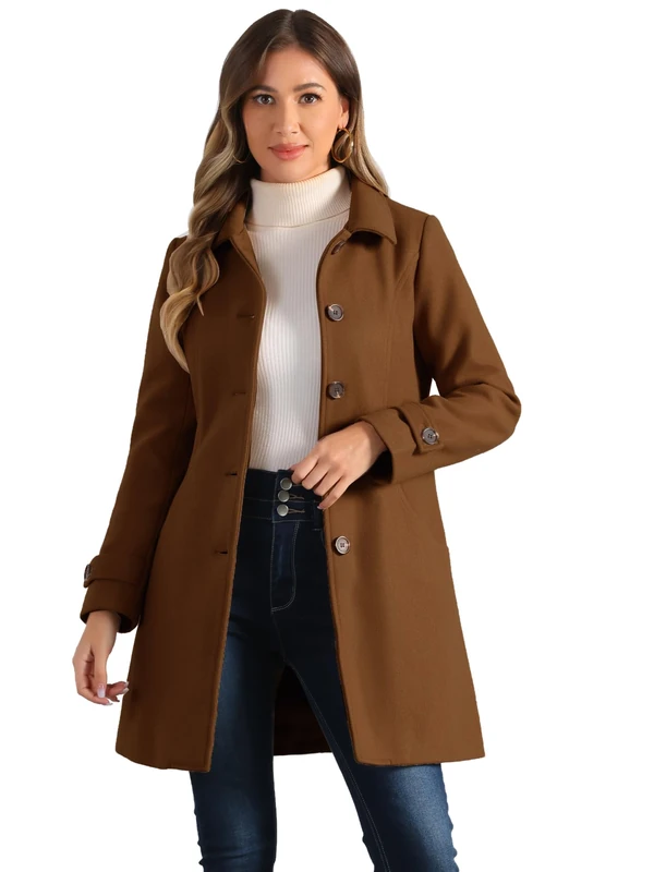 Allegra K Women's Winter Outerwear Overcoat Peter Pan Collar Mid-thigh A-line Single Breasted Pea Coat, Dark Brown, XL