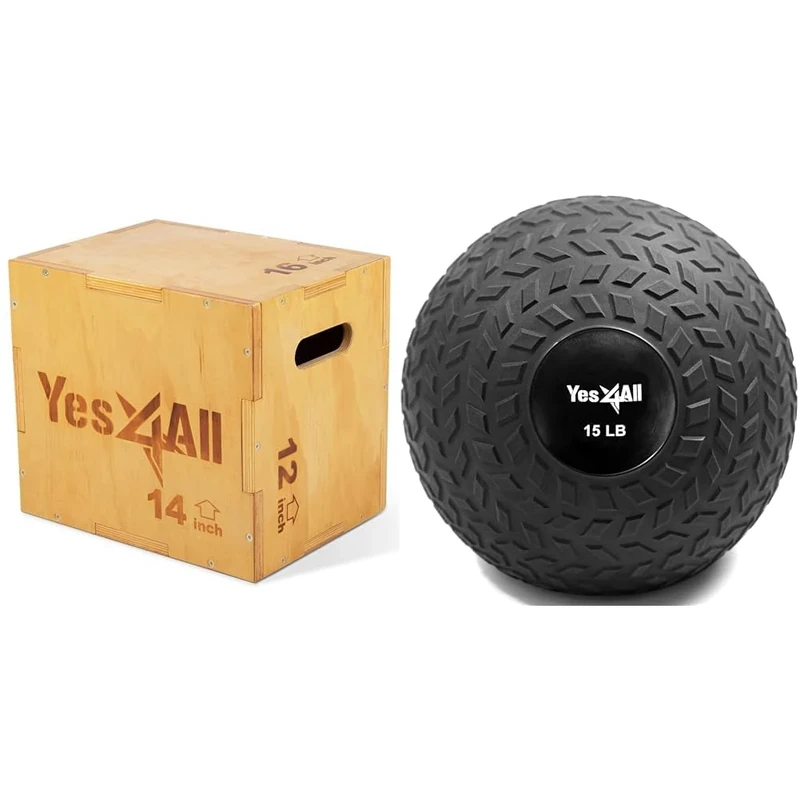 Yes4All Wood Plyometric Box for Exercise, Jump Training, MMA & 15 lbs Slam Ball for Strength, Power and HIIT Workout - Fitness Exercise Ball with Grip Tread & Durable Rubber Shell