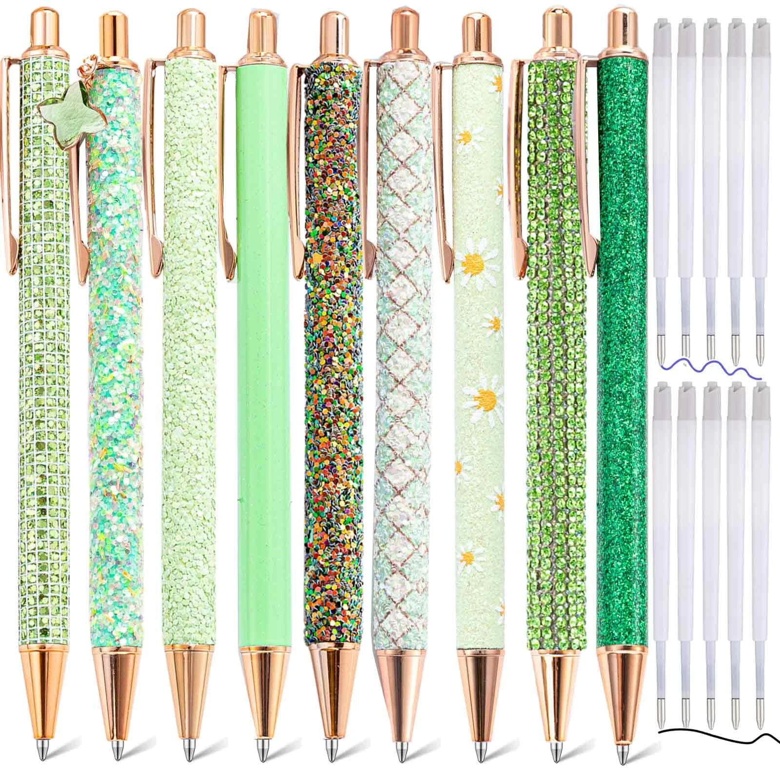 mumrap 9 Pcs Sparkly Pens for Women Fancy Pens with 10 Pcs Black Ink Refills Glitter Pretty pen sets for Ladies Office School Gifts(Green)