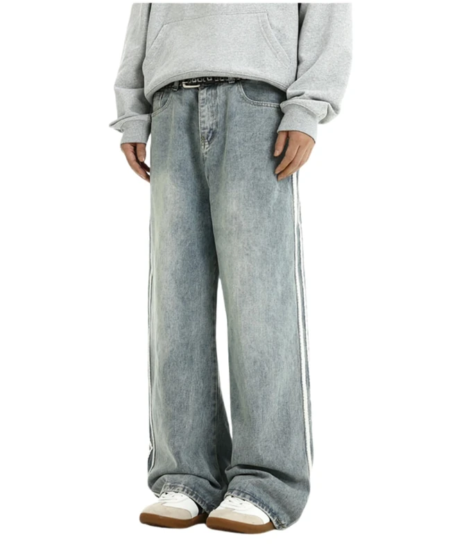 COOLMONAR Men's Baggy Vintage Jeans Loose Fit Denim Pants with Stripes on The Side Relaxed Skateboard Denim, Light Blue, Small