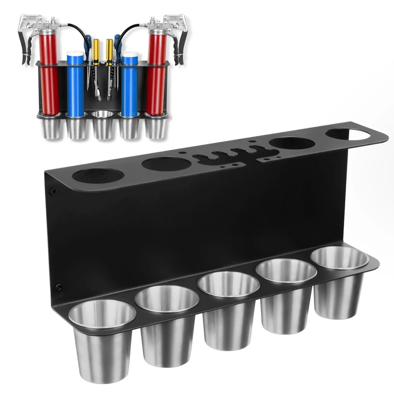 Gavinjitao Grease Gun Holder, Wall Mount Storage Rack Compatible with 2 Grease Guns Organizer with 5 Removable Drip Cups for Garage and Shop Workshop Storage Black
