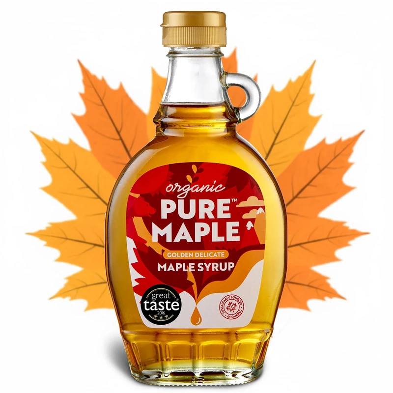 Pure Maple 100% Canadian Maple Syrup - Organic Golden Delicate Grade A, Light & Subtle Taste, Pancake Day Choice for Glazing,Dressings, Vegan, Gluten Free, 312g, No Additives or Artificial Flavours