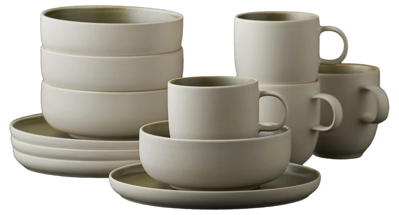 Studio Round North Stoneware Crockery Set for Brunch/Breakfast Serving Set, Crockery Set for 4 People, 12 Pieces, 4 x Plates, Bowls and Coffee Cups Made of Stoneware, Moss - Image 1