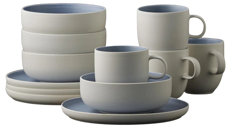 Studio Round North Stoneware Crockery Set for Brunch/Breakfast Serving Set, Crockery Set for 4 People, 12 Pieces, 4 x Plates, Bowls and Coffee Cups Made of Stoneware, River