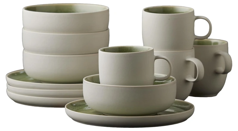 Studio Round North Stoneware Crockery Set for Brunch/Breakfast Serving Set, Crockery Set for 4 People, 12 Pieces, 4 x Plates, Bowls and Coffee Cups Made of Stoneware, Shiny Moss