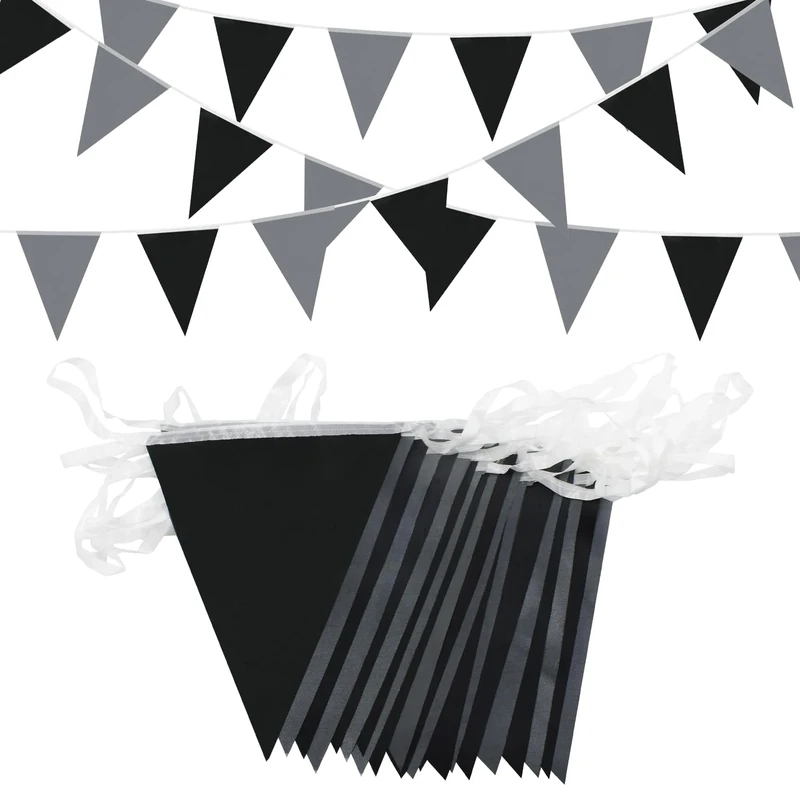 YUHGENWI 66ft Bunting Banner, 52pcs Waterproof Polyester Fabric Triangle Flags Reusable Pennant Bunting Black Gray Pennant Banner for Party Banners Party Decorations Birthday Outdoor Garden