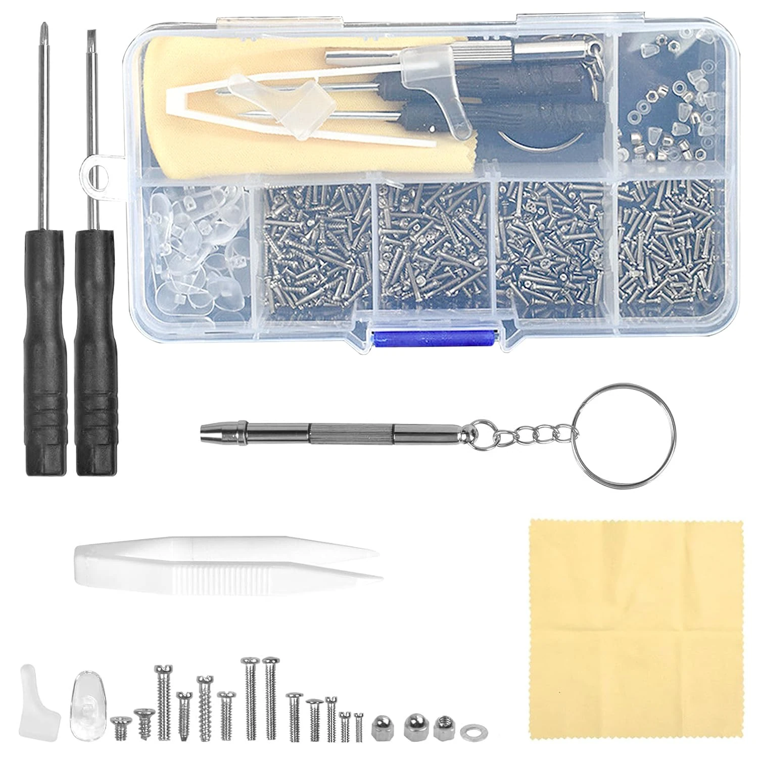 500 PCS Eyeglass Repair Tool Set, Glasses Repair Kit with Micro Screwdriver, Multi-Specification Screws, Tweezers, and Nose Pads, Complete Eyeglasses Repair Kit for Sunglasses, Watches, and Small Elec