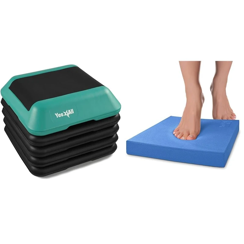 YES4ALL Adjustable High Step Aerobic Platform, 16'' x 16'' Step & Foam Exercise Pad/Balance Pads for Physical Therapy and Balance Exercises, Suitable for Home, Work, Rehabilitation (Blue - Large)