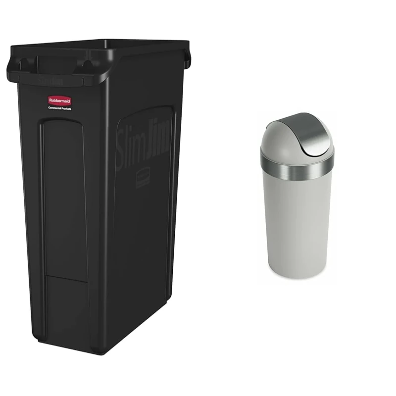 Rubbermaid FG354060BLA Commercial Slim Jim Receptacle & Umbra Venti Swing-Top 16.5-Gallon Kitchen Trash Lid– Large, 35-inch Tall Garbage Can for Indoor, Outdoor or Commercial Use, Grey