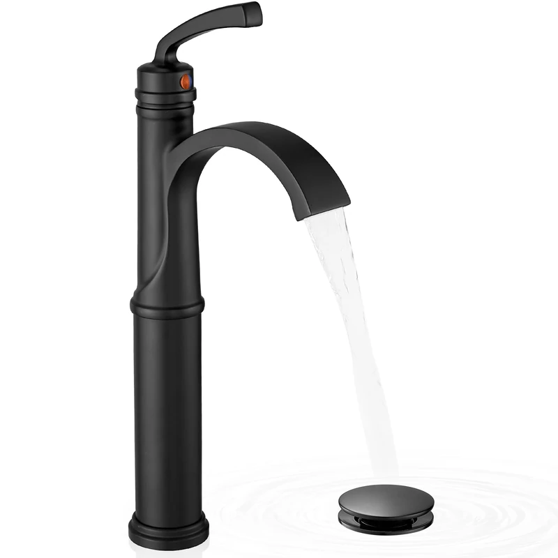 HEYMYTAP Waterfall Vessel Faucet, Tall Bathroom Faucet Black, Brass Vessel Sink Faucets Bathroom Sink Faucet One Hole Single Handle with Supply Hoses Pop-up Drain