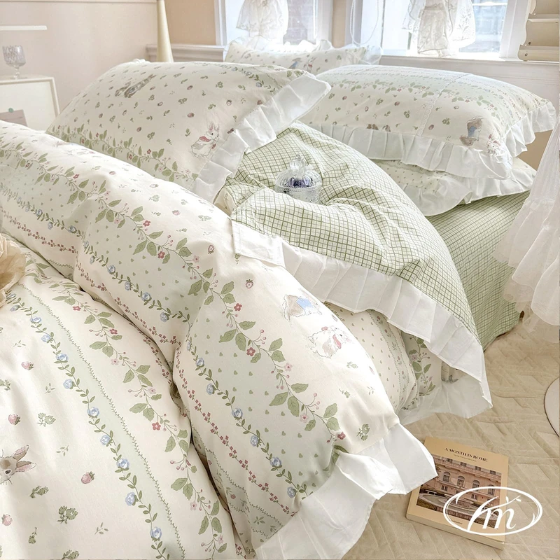 VM VOUGEMARKET White Ruffle Duvet Cover Queen with Cute Rabbit Printed Reversible Green Plaid Comforter Cover with Zipper Ties Cotton Princess Bedding Set for Teen Girls