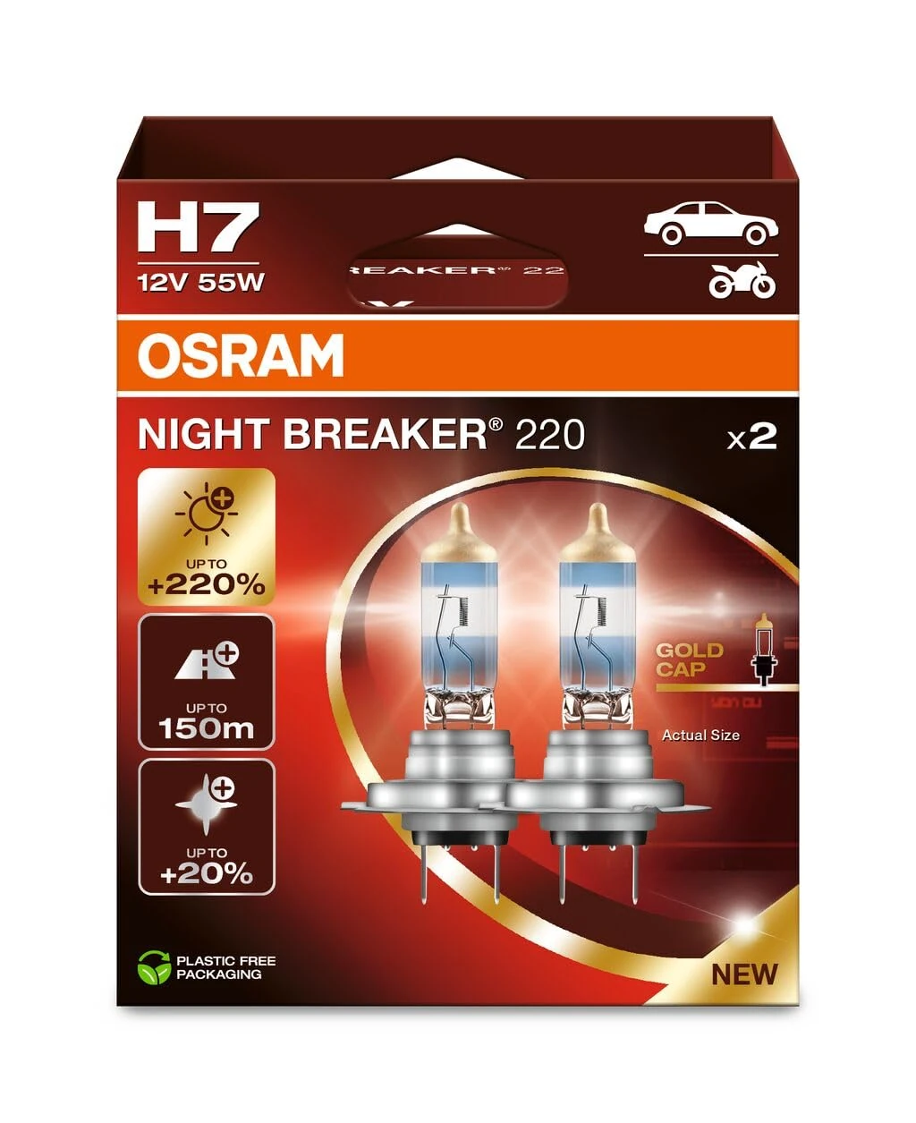 OSRAM NIGHT BREAKER 220, H7, +220% more brightness, halogen headlight lamp, 64210NB220-2HB, Folding Box (2 lamps), white