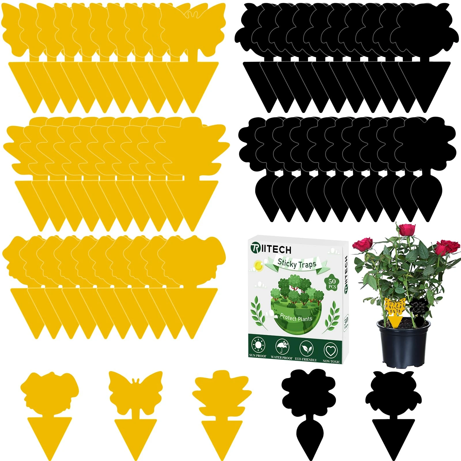 Fruit Fly Traps, TRIITECH 50 Pack Sticky Fly Traps, Plant Fly Stickers, Sticky Bug Traps for Indoor and Outdoor(Yellow/Black)