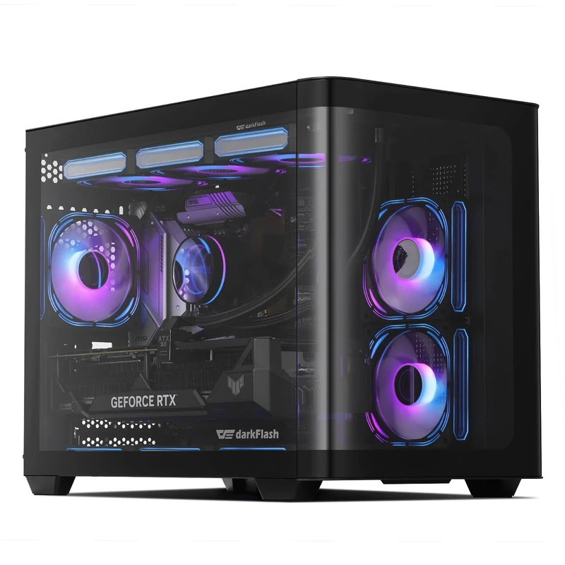 darkFlash Micro-ATX Gaming PC Case, Dual-Chamber MATX PC Case with 3 x 120mm ARGB Fans, Panoramic View Tempered Curve Glass Computer Case, USB 3.0 Port, Supports Dual 360mm AIO, Black(DPW90M)