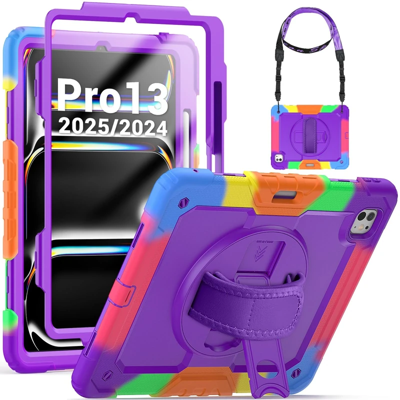 SEYMCY Kids Case for iPad Pro 13 inch 2025(M5)/2024(M4), Full-body Shockproof with Screen Protector, 360° Rotating Stand & Hand Strap, Shoulder Strap, Pencil Holder for iPad Pro 13" M5/M4, Purple