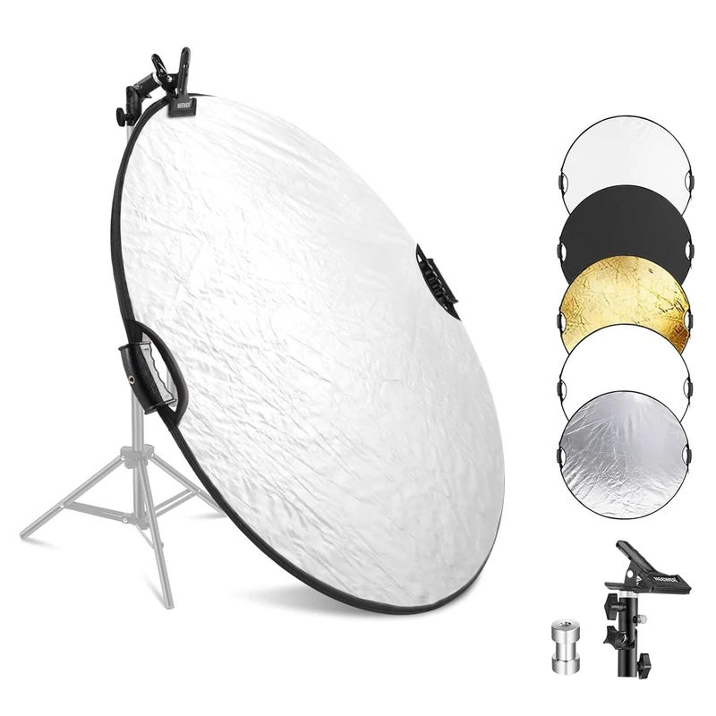 NEEWER 43"/110cm Light Reflector with Clamp & Hand Grips, 5 In 1 Collapsible Multi Disc Photography Reflector Translucent/Silver/Gold/White/Black with 3/8" Thread for Studio Outdoor Lighting, RF-110II