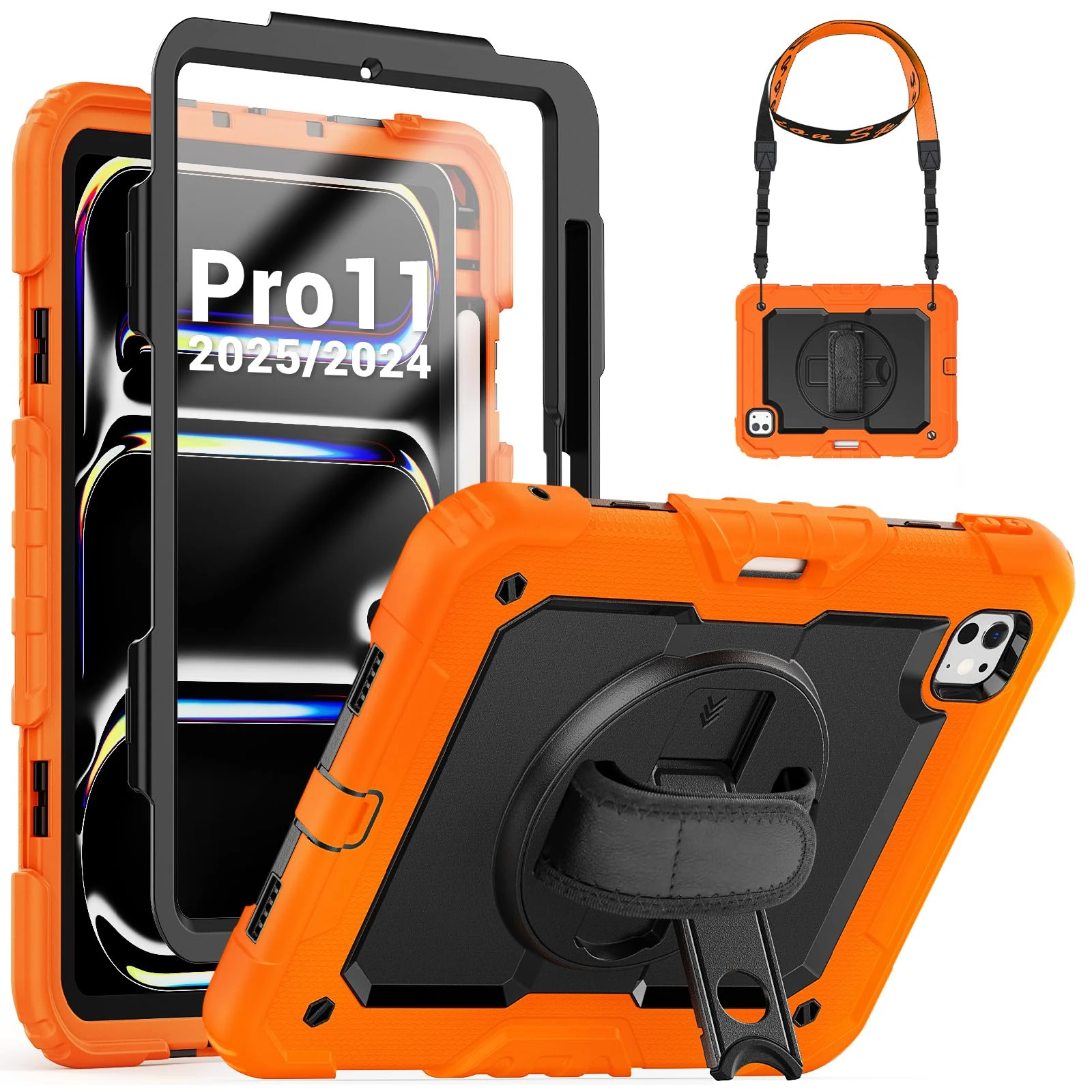 SEYMCY Case for iPad Pro 11 inch M5/M4 2025/2024, (Not suitable for 2018~2022 versions), Shockproof with Screen Protector, 360° Rotating Stand & Hand Strap, Shoulder Strap, Pencil Holder, Orange