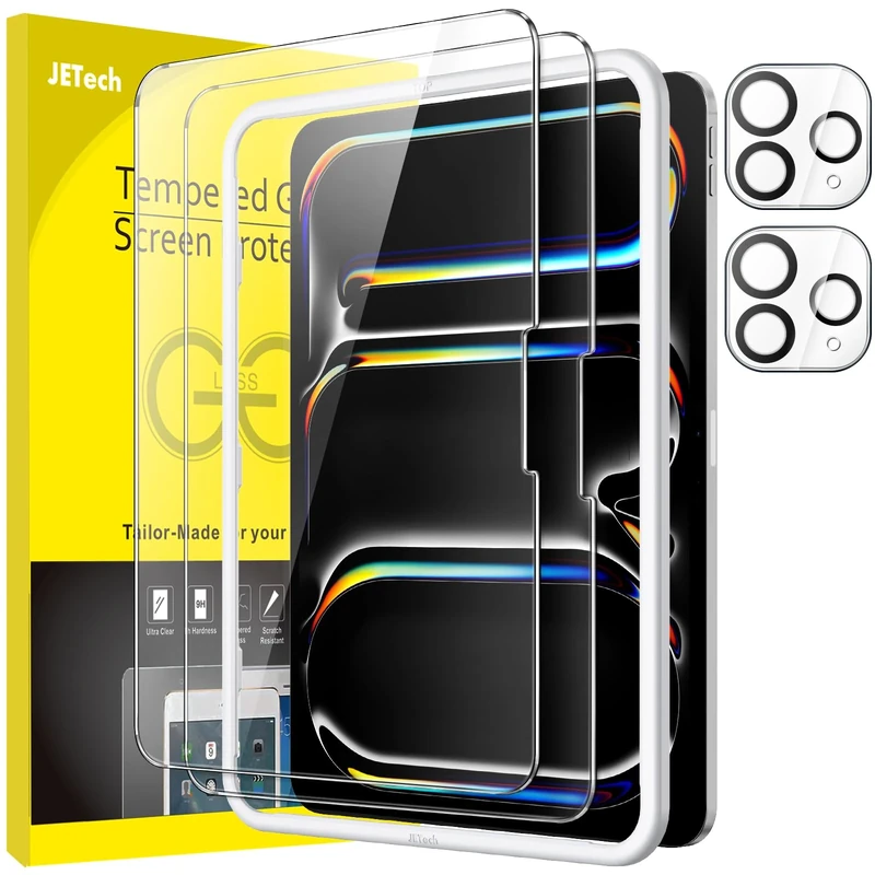 JETech Screen Protector for iPad Pro 11-Inch M5/M4 (2025/2024) with Camera Lens Protector, Easy Installation Tool, Tempered Glass Film Anti-Scratch, HD Clear, 2-Pack Each