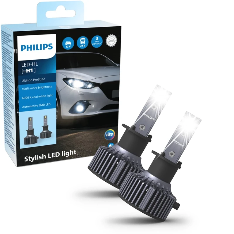 Philips Ultinon Pro3022 LED Car Headlight Bulb (H1), +100%, cool white light of 6.000K, set of 2
